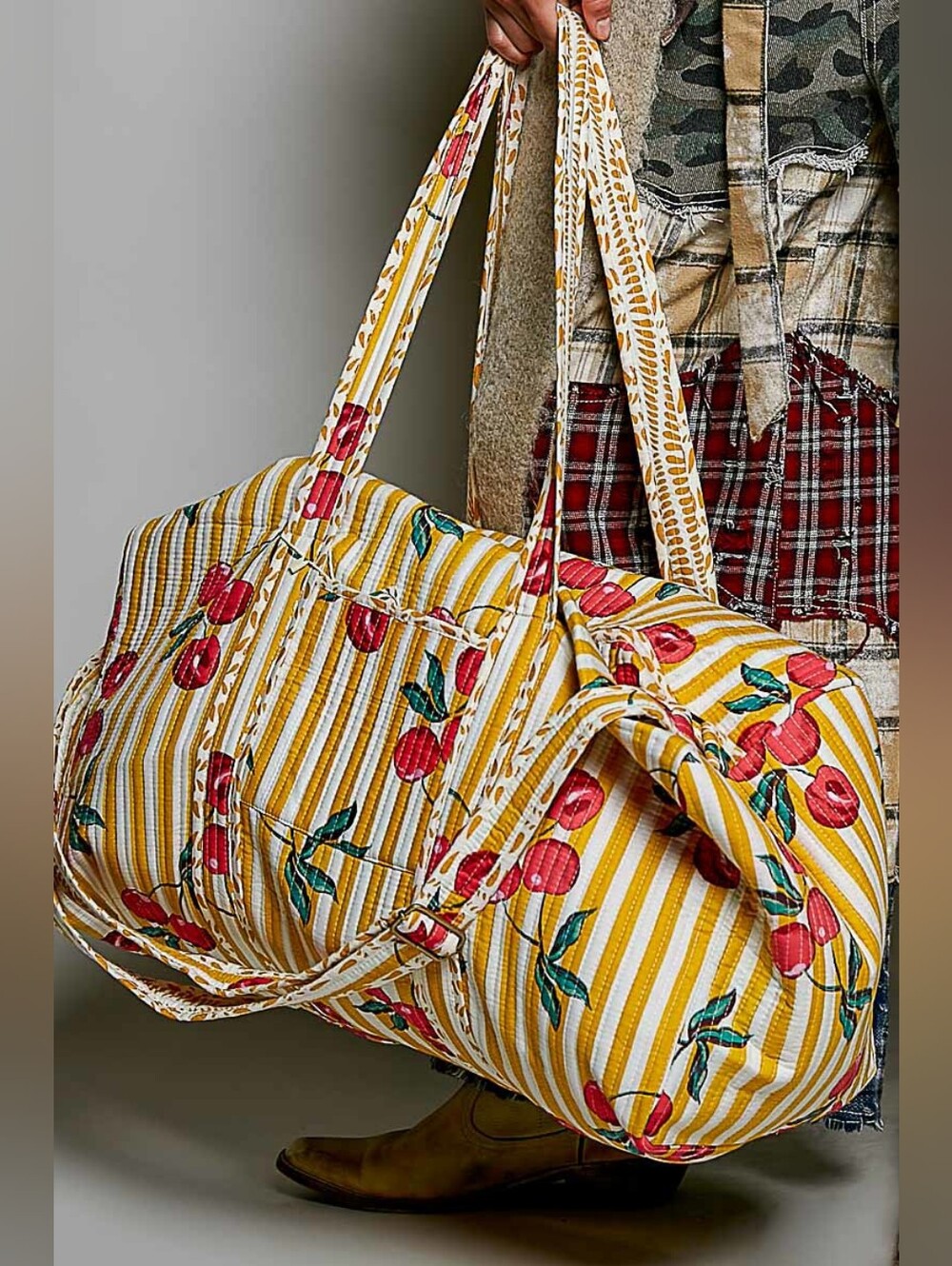 POL Cotton Striped Yellow Cherry Print Weekend Duffle Bag- Quilted